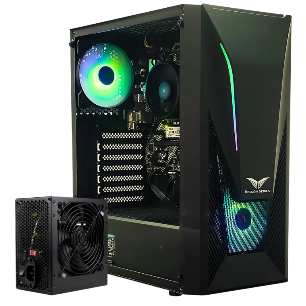 KIT CAJA ATX HALCON / 2 COOLER / FUENTE DE PODER 450W / VIDRIO TEMPLADO / NEGRO