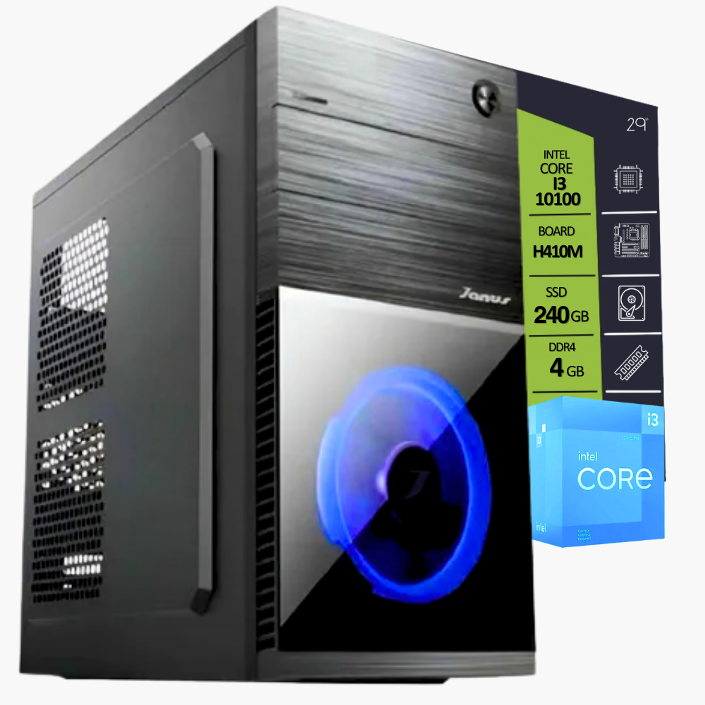 CPU INTEL CORE I3 10100 / BOARD GIGABYTE H410M / SSD 240GB ADATA / RAM DDR4 4GB ADATA / CHASIS GAM
