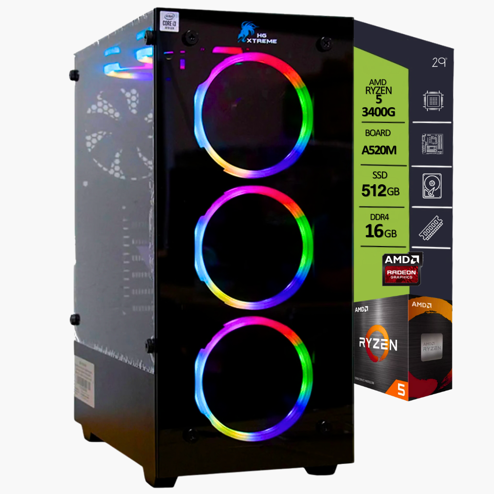 CPU AMD RYZEN5 3400G / BOARD A520M-A / SSD 512GB/ RAM DDR4 16GB / CAJA ATX HG SX-C8012BK