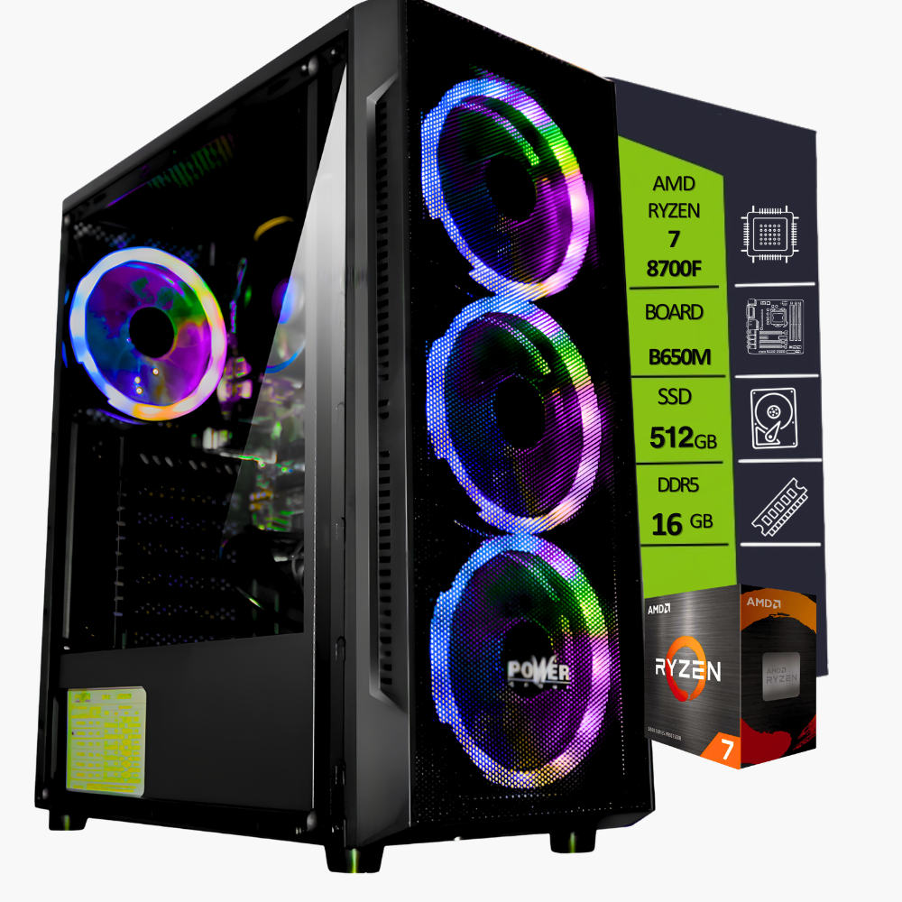 CPU AMD RYZEN 7 8700F / BOARD MSI B650M-B/ SSD 512GB / RAM DDR5 16GB/ T.V MSI RTX 3050 VENTUS OC 6GB