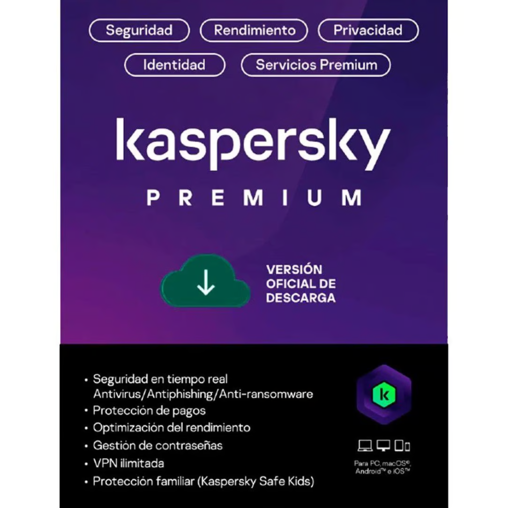ANTIVIRUS KASPERSKY PREMIUM / 3 DISPOSITIVOS + 2 KPM / 2 AÑOS / BASE (KL1047DDCDS)