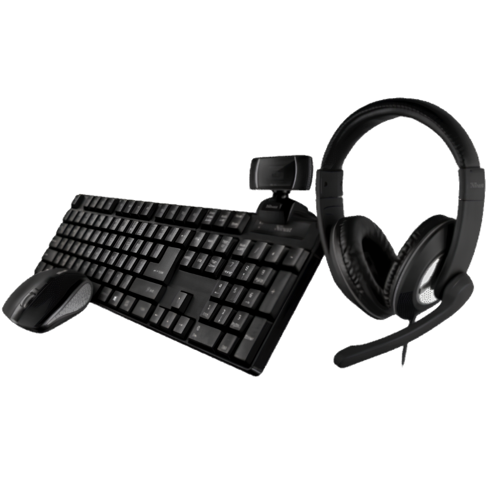 COMBO TRUST 4 EN 1 DE OFICINA TECLADO INALAMBRICO - MOUSE INALAMBRICO - DIADEMA - CAMARA WEB