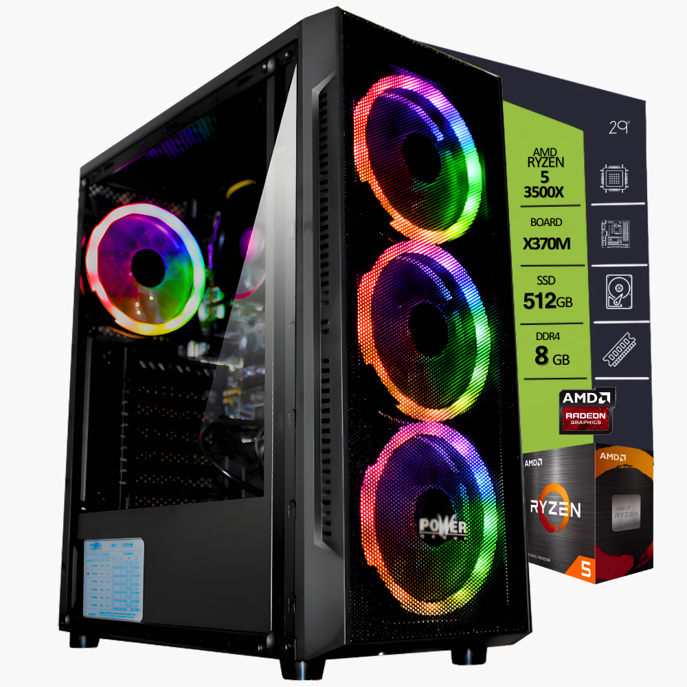 CPU AMD RYZEN 5 3500X / BOARD X370M / SSD M.2 512GB / RAM DDR4 8GB / T.V. GT 710 DDR3 2GB