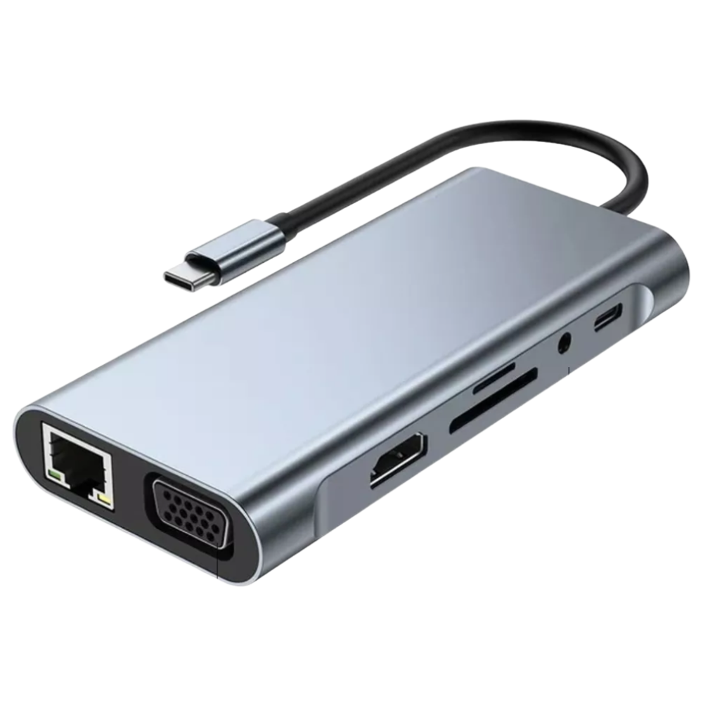 CONVERTIDOR TIPO C 11 EN 1 LAN + HDMI 4K + VGA + 4 USB 3.0 + SD CARD + AUDIO + TIPO C