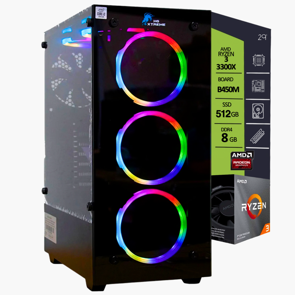 CPU AMD RYZEN 3 3300X/ BOARD B450M-HDV/ SSD M.2 512GB/ RAM DDR4 8GB/ T.V. MSI N210 1GB